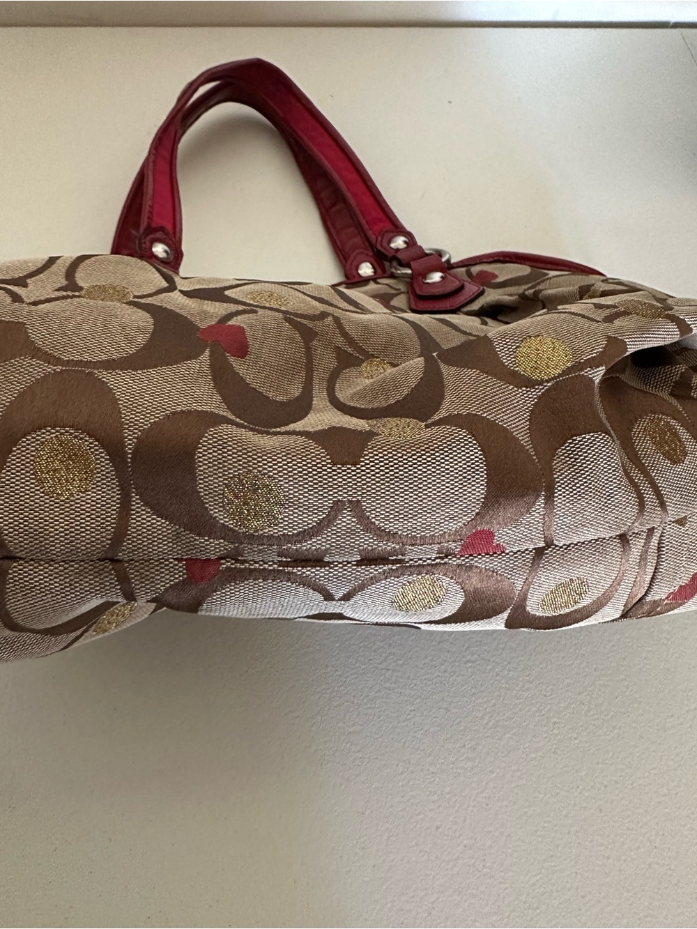 Coach Signature Heart-Print Shoulder Bag in Red and Brown with Gold Accents - Picture 7 of 10